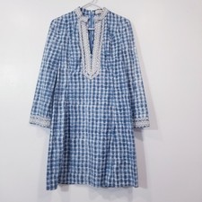 Tory Burch Graphic Print Mini Dress Women size 2 White Blue Embroidered