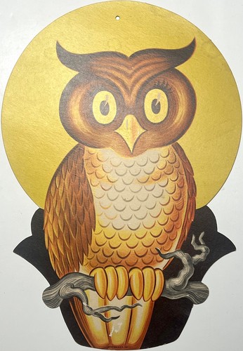 1950 DENNISON HALLOWEEN OWL DIECUT FULL MOON CARDBOARD WALL DECORATION USA SIGN