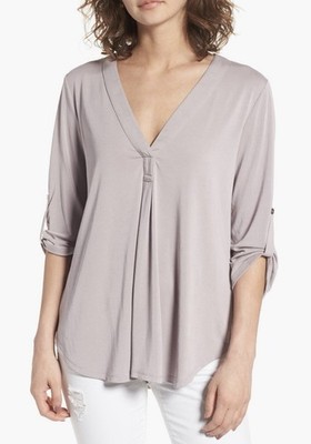 Lush All In Favor Henley Tabbed Sleeves V-Neck Blouse XS Dusty Rose