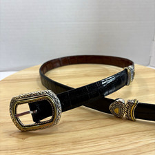 Brighton Women's Reversible Black/Brown Leather Belt Silver/Gold Buckle Sz 36