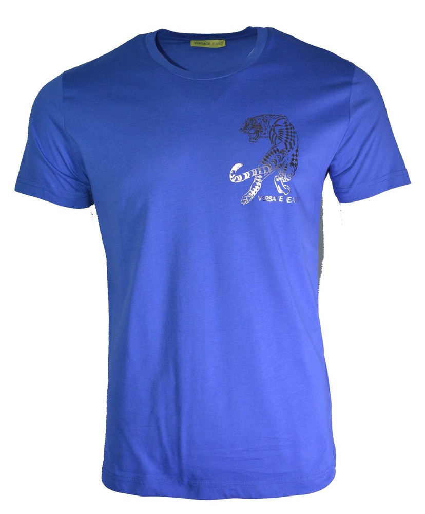 BNWT VERSACE JEANS CHEST LOGO TIGER T-SHIRT BLUE & SILVER FOIL SLIM FIT