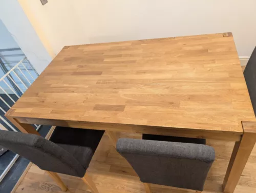 Solid oak 'York' dining table and 6 fabric matching chairs grey