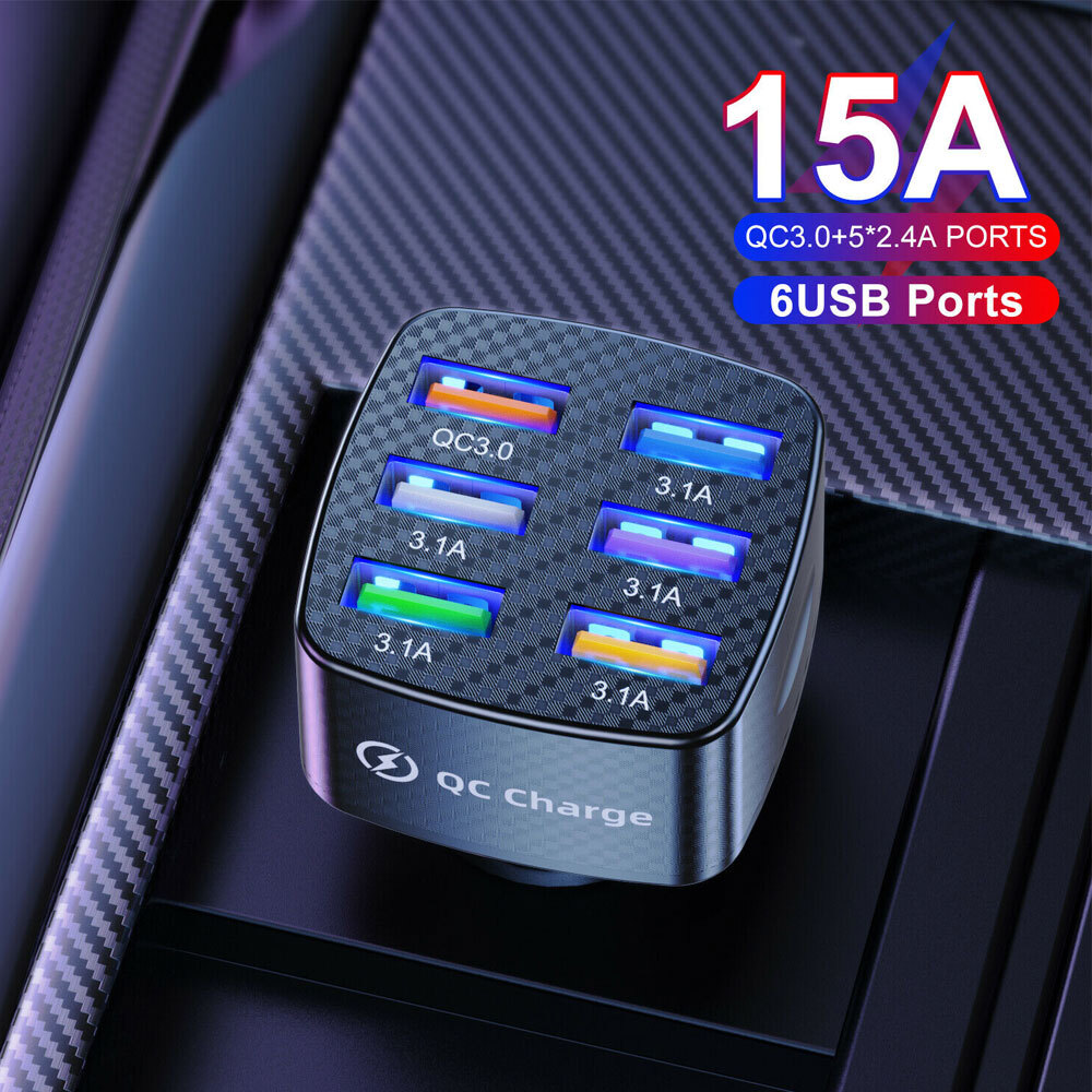 Car 6 Ports Cigarette Lighter Socket QC 3.0 USB Ports Fast Charger Power  Adapter