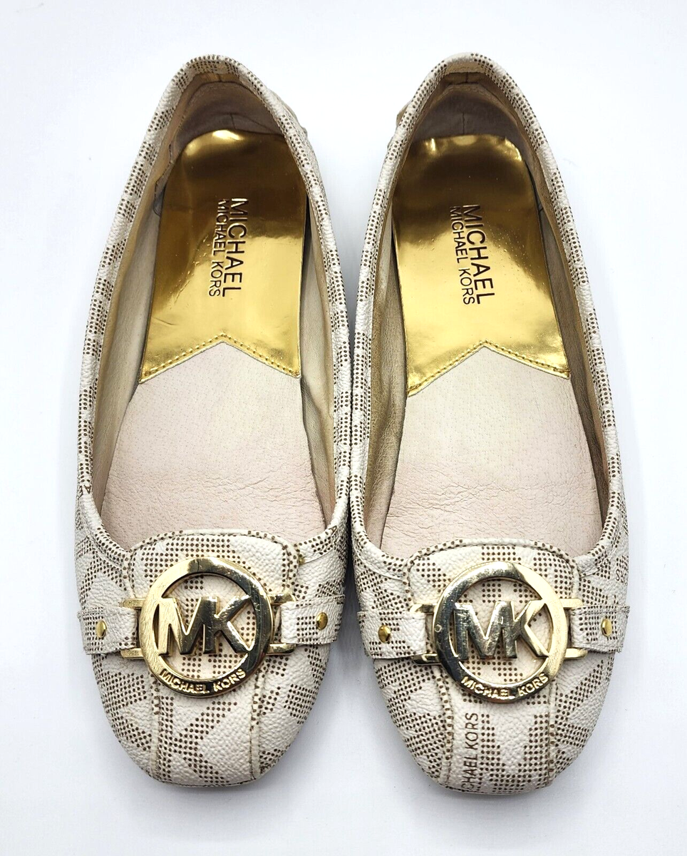 EUC Michael Kors Lillie Moccasin MK Logo White/Gold Flat Shoes