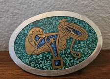 VTG Mexico Alpaca Chip Stone Inlay Western Belt Buckle w/Saddle Lasso Design.