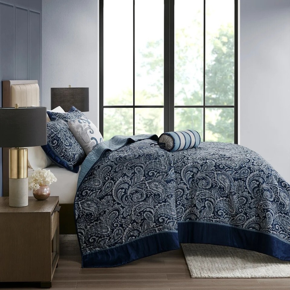 Quilt Bedding Set-Navy Blue Paisley
