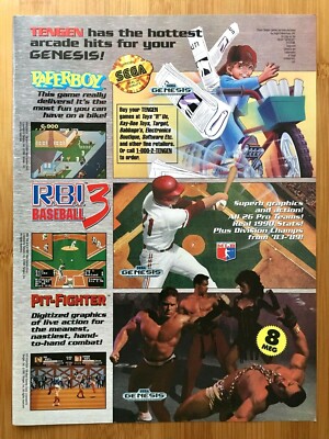 1991 TENGEN Paperboy / RBI Baseball 3 / Pit-Fighter Print Ad/Poster Sega Genesis