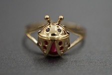 Real 14K Solid Yellow Gold Children Baby Kid Ladybug Simulated Ruby Ring. Size 3