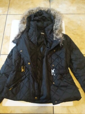 Express Hooded Faux Fur Trim Fitted Women's Jacket Black Sz S