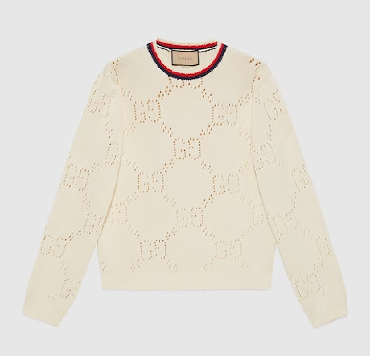 New Gucci Perforated GG cotton sweater ivory red navy blue M | eBay