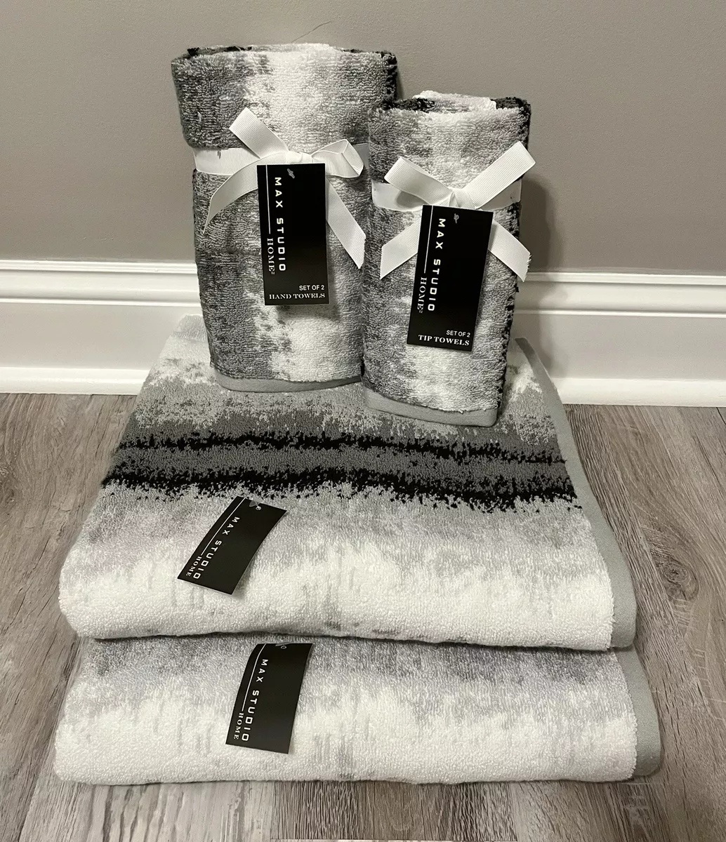 MAX STUDIO Bath Hand Tip Towel Set Abstract Ikat Black White Gray Ombre