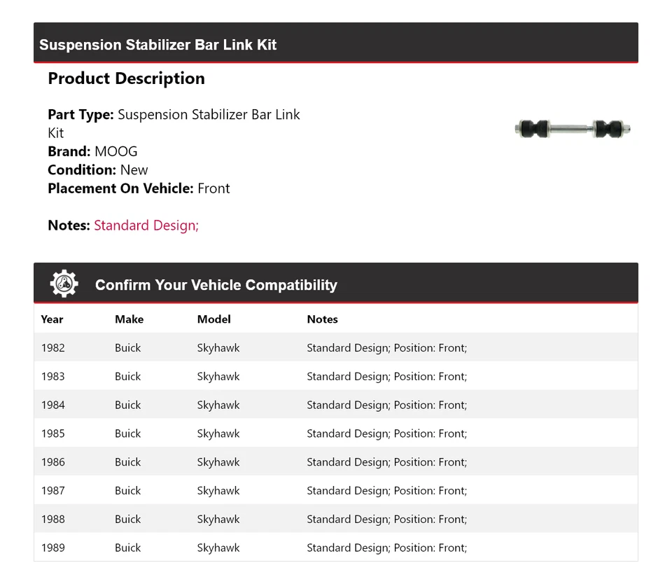 Kit de enlace de barra estabilizadora de suspensión delantera MOOG 1982-1989 Buick Skyhawk 1982 Foto 2 de 4