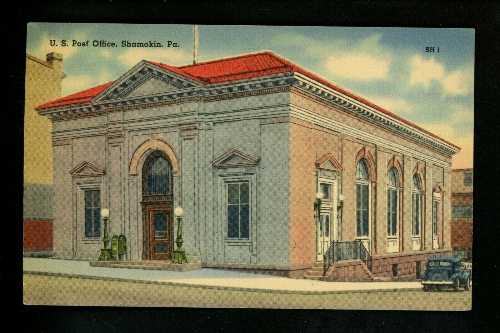 Post Office postcard Pennsylvania PA Shamokin mailbox globe lights car