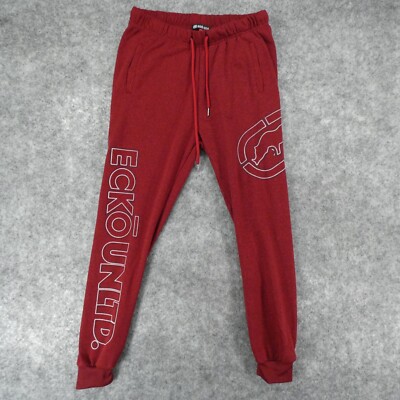 Ecko Unltd Pants Mens Medium Fleece Gym Jogger Red Drawstring w Spell Out Logo