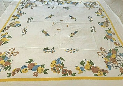 Table Cloth Fruit Basket Pears Apples Grapes Blue Tan Yellow 46''x52'' T52 Vtg