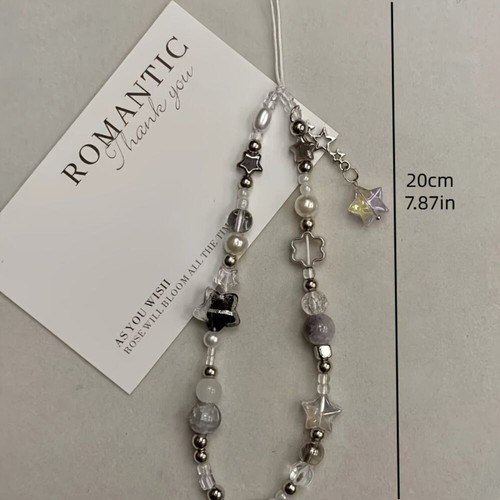 Silver Star Phone Strap Charm Pearl Chain Lanyard Fashion Beaded Pendant - Zdjęcie 2 z 6