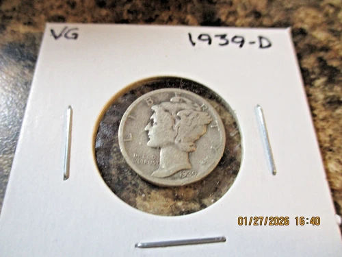 1939-D MERCURY SILVER DIME VG     WW