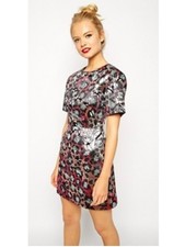 ASOS Curve Metallic Floral Short Sleeve Sheath Mini Dress Holiday Black 14