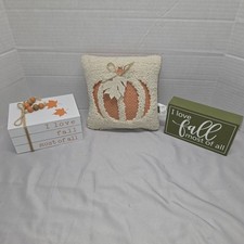 "I love fall most of all" Autumn Sign & Fall Pillow & Book Stack Lot Of 3 Decor