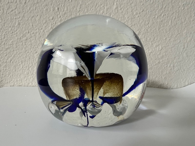 Studio Lasi Blue and White LARGE Floral art Glass Paperweight with Label