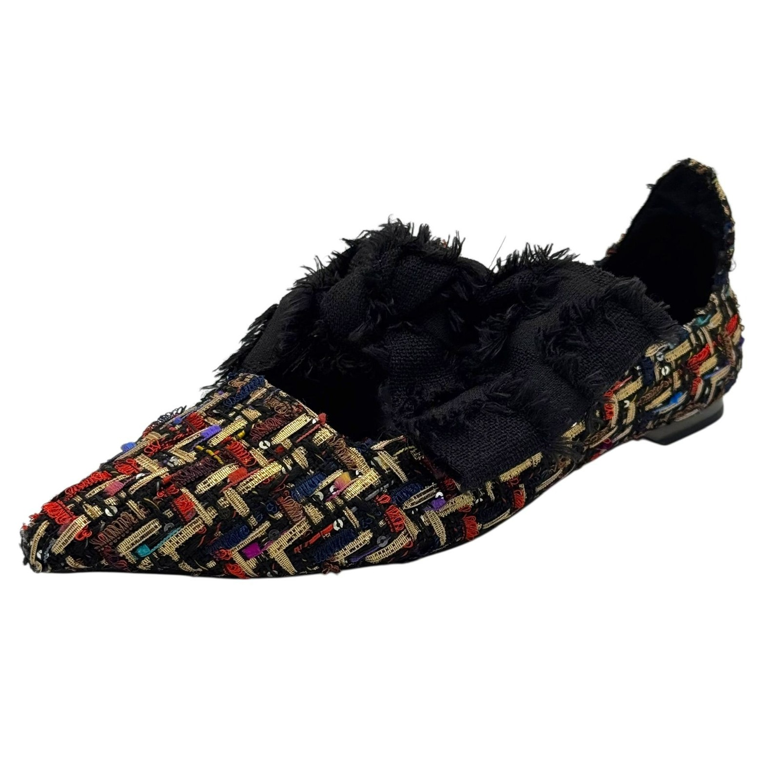 Zara Multicolor Tweed Pointed Flats Black Frayed Bow Women's Size EU 37/US 6.5 thumbnail 2