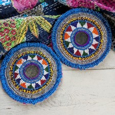 Kuchi Patches Beaded Gul Medallions Tribal Flowers BIG Pair 5.75" 21548