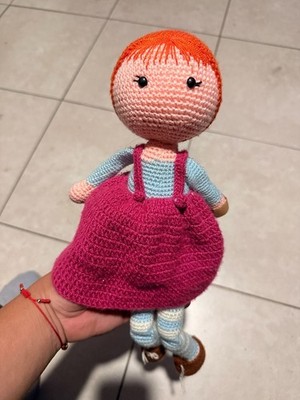 Handmade Amigurumi Crochet Redheaded Girl Doll in Pink Pinafore Overalls