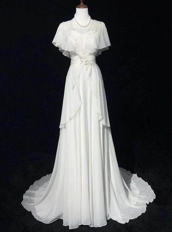 Chiffon Wedding Dresses White A Line Vintage 1950s Short Sleeves Ball Gowns - Image 2 of 4
