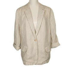 Chicos 2 100 Linen Blazer Sz 12 Ivory w Flax Stripe 3/4 Sleeve Unlined Coastal