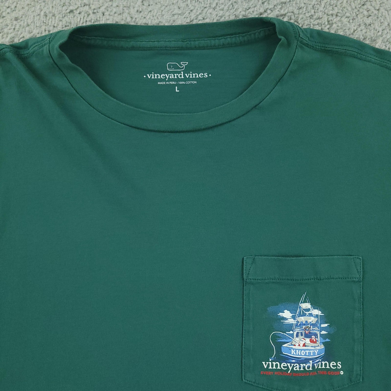 Vineyard Vines Shirt Mens Large Green Long Sleeve Pocket Santa Boat Holiday
