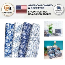 Blue Floral Gift Wrap Pack - 20x29 Inch Sheets, Ideal for Birthdays & Showers