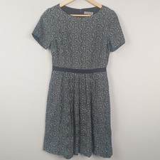 Jigsaw Dress UK 10 Black Green Knee Length 100% Cotton A-Line Ribbon Band