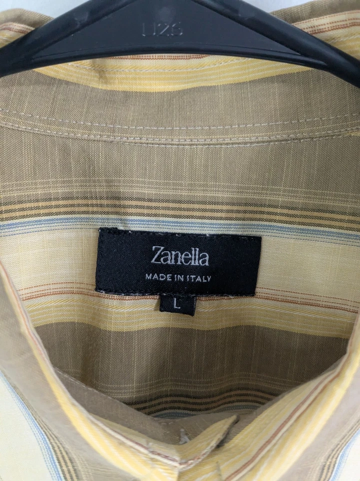 Camisa Zanella Para Hombre Grande Beige Abotonada Manga Corta Algodón Rayas Foto 4 de 4