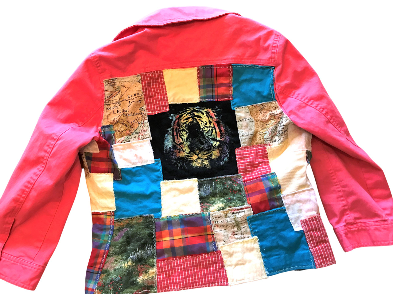 Upcycled Coral Patchwork Jacket, Boho Tattered Ti… - image 11
