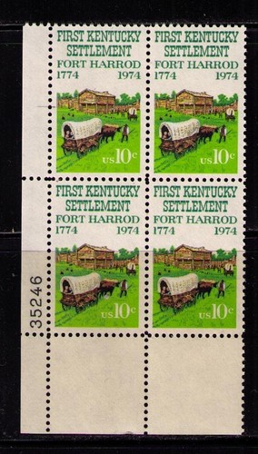 US USA Sc# 1542 MNH FVF PLATE# BLOCK Fort Harrod Kentucky Oxen Covered Wagon - 第 1/1 張圖片