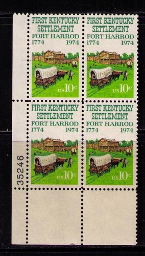 US USA Sc# 1542 MNH FVF PLATE # BLOCK Fort Harrod Kentucky Oxen Covered Wagon - Zdjęcie 1 z 1