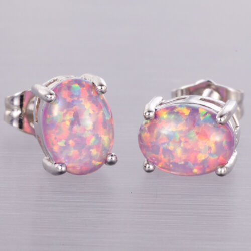 6x8 Oval Lavender Purple Fire Opal Cabochon Silver Jewelry Stud Earrings - Foto 1 di 6