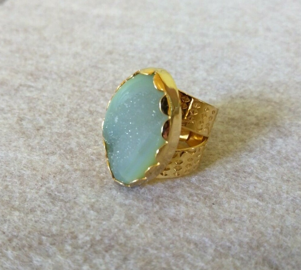 HUGE Gold plated sparkly light green Druzy stone adjustable ring