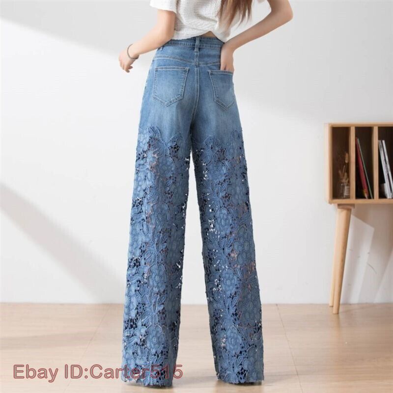 Mid blue denim hollow out wide leg Pants