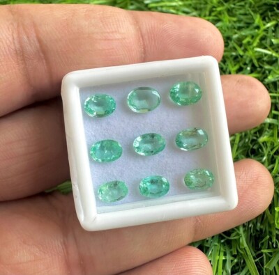 Natural Zambian Emerald Faceted Oval 4x5.5 To 5x6 mm Loose Gemstone 9Pcs Lot #20