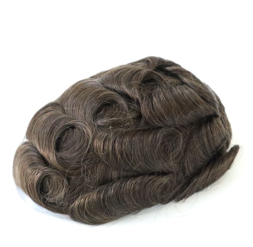 Mens Toupee Human Hair Replacement System French Lace Skin Brown Hairpiece Q6 #5 - Picture 4 of 8