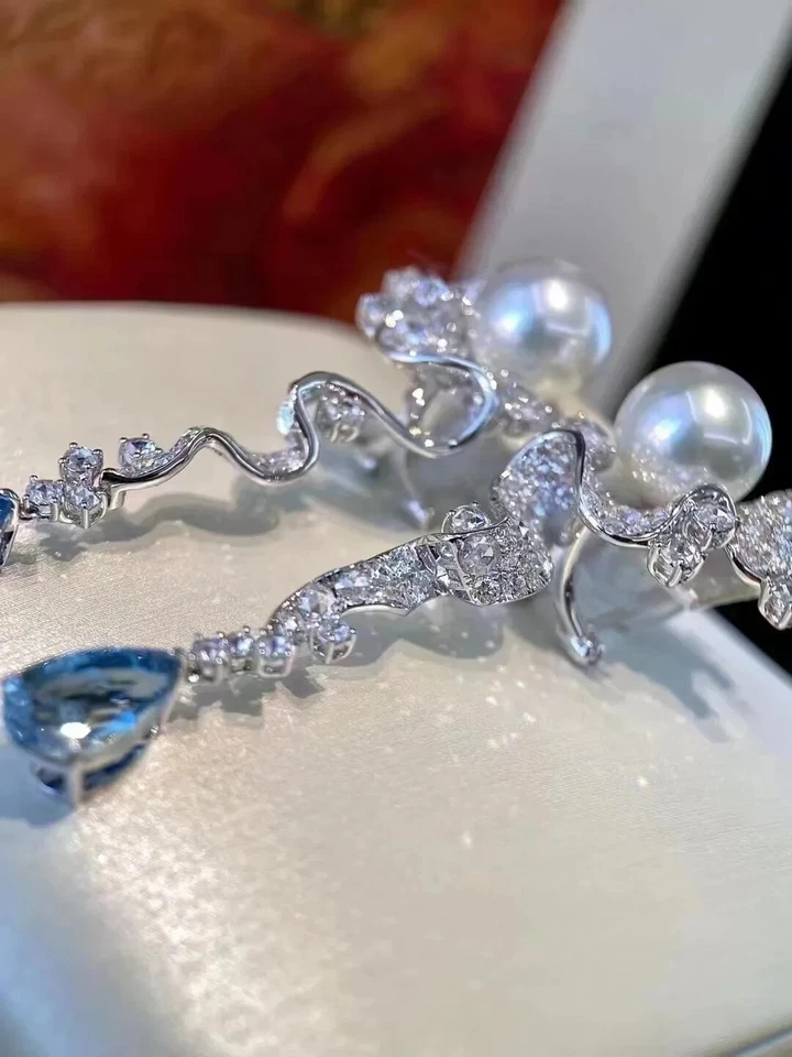 5Ct Round Cut Lab-Created White Pearl Drop/Dangle Earrings 14K White Gold Plated - Image 3 of 4