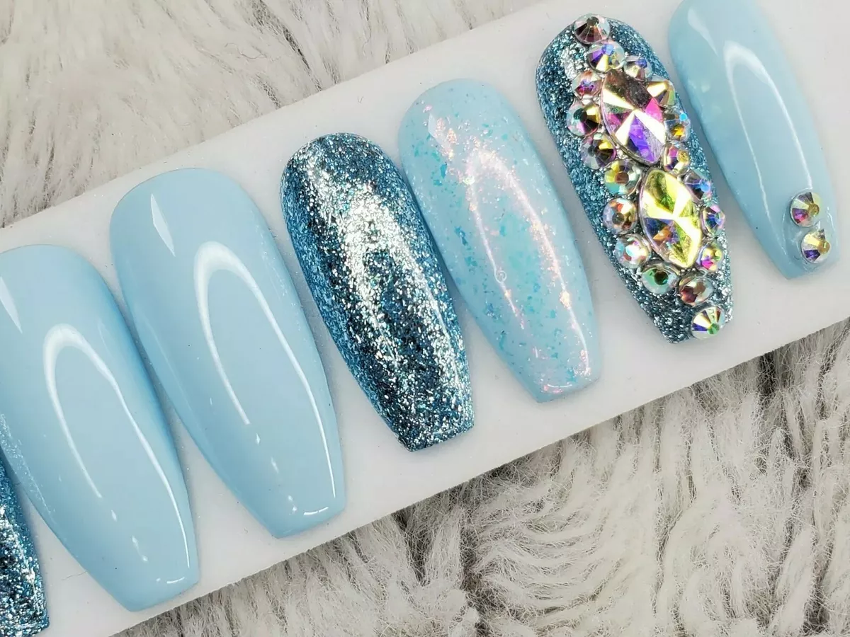 Baby blue coffin nails with glitter deals