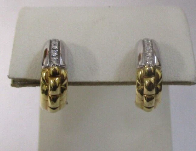 FOPE ITALY 18K YELLOW & WHITE GOLD .10ctw DIAMOND HALF HOOP EARRINGS OMEGA BACKS - Image 2 of 4