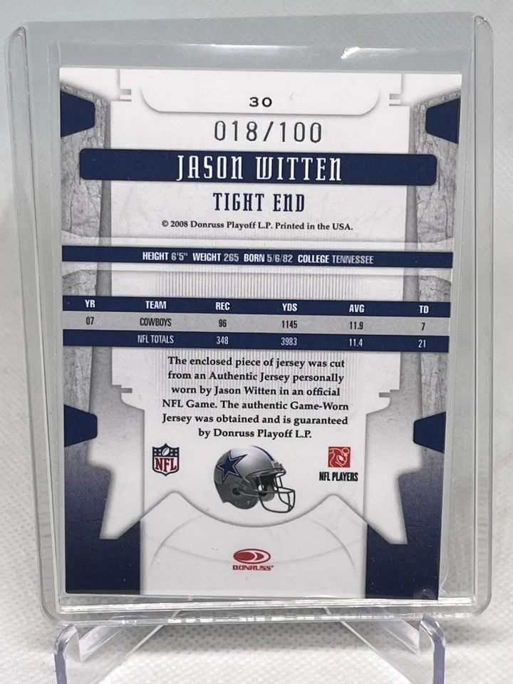 2008 Leaf Limited Jason Witten Game Worn Jersey Relic Patch /100 Cowboys - Image 2 of 2