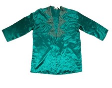 VTG Victoria's Secret Short Robe Womens OS Green Satin Lace Trim Kimono Sleeve