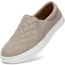 Taupe Slip-On Shoes for Women, Quilted Fashion Sneakers, Comfortable Casual Foot