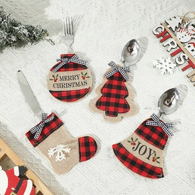 4 porte-couverts de Noël en pour lin sacs support argenterie pour vacances - Photo 1/4