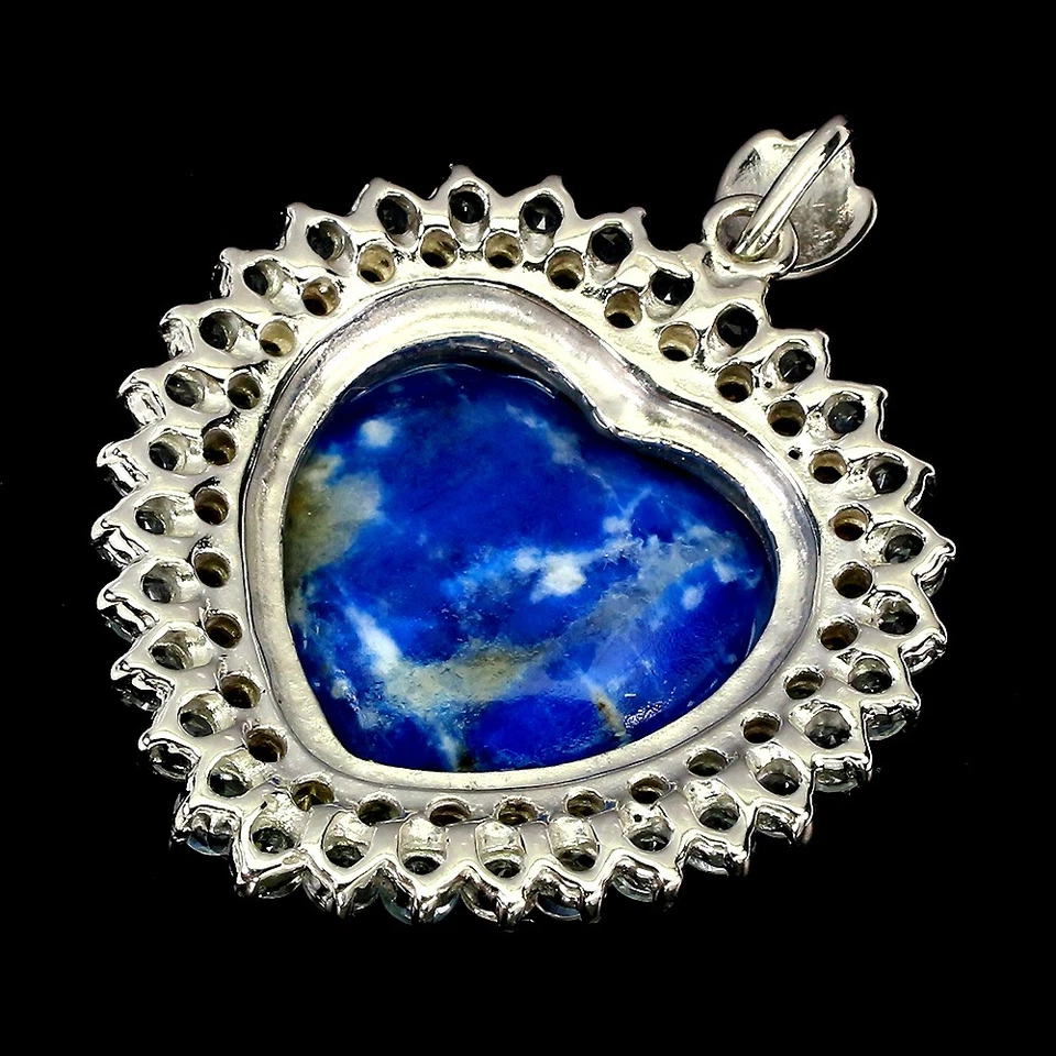 Colgante de plata de ley 925 flor tallada lapislázuli zafiro joyería hecha a mano Foto 3 de 4