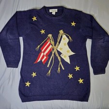 Navy Embroidered Sweater Size Medium Alfred Dunner Vintage 90s Coastal Boating